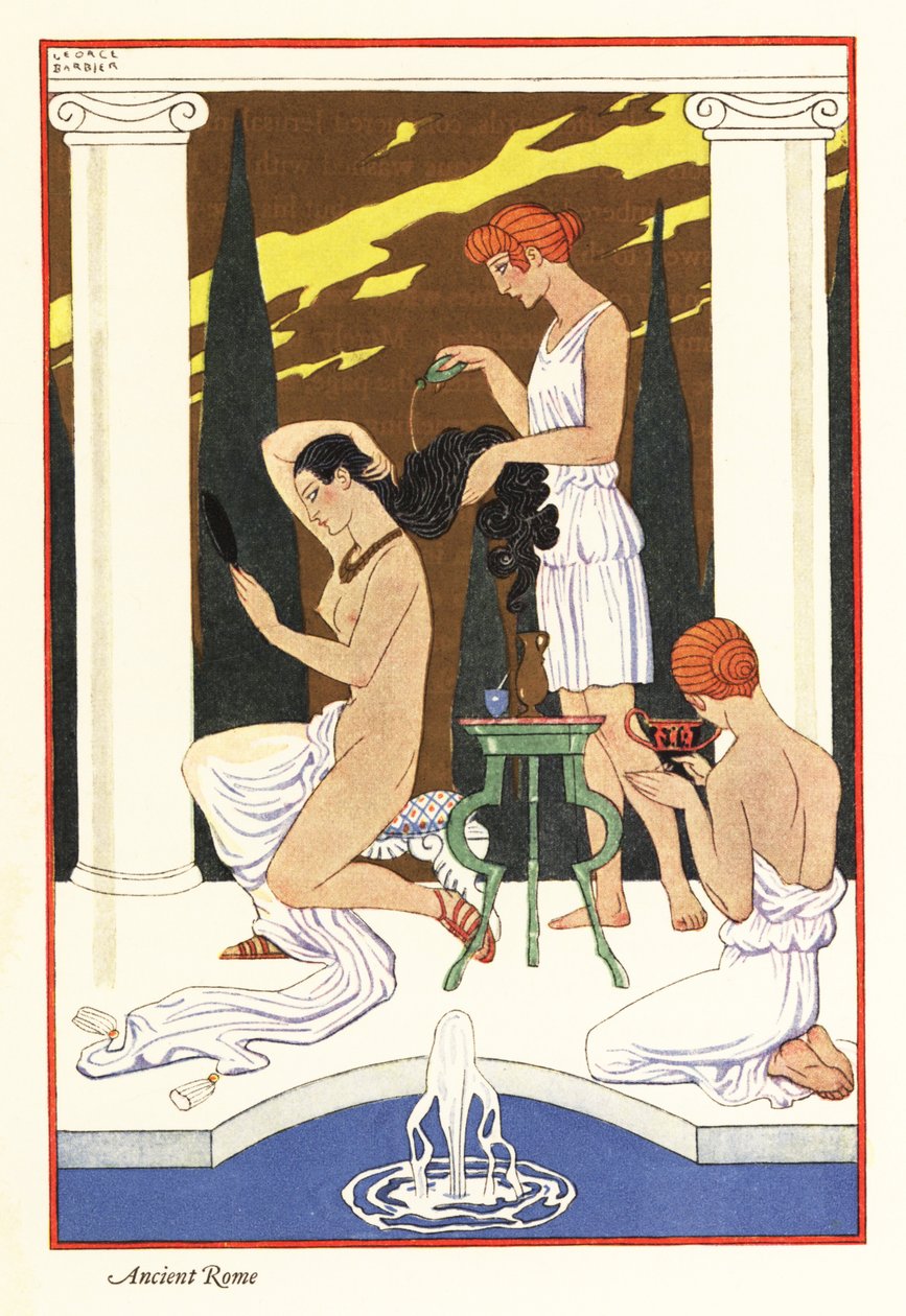 En slav häller doftolja i sin älskarinnas hår, antikens Rom 1928 (tryck) av Georges Barbier
