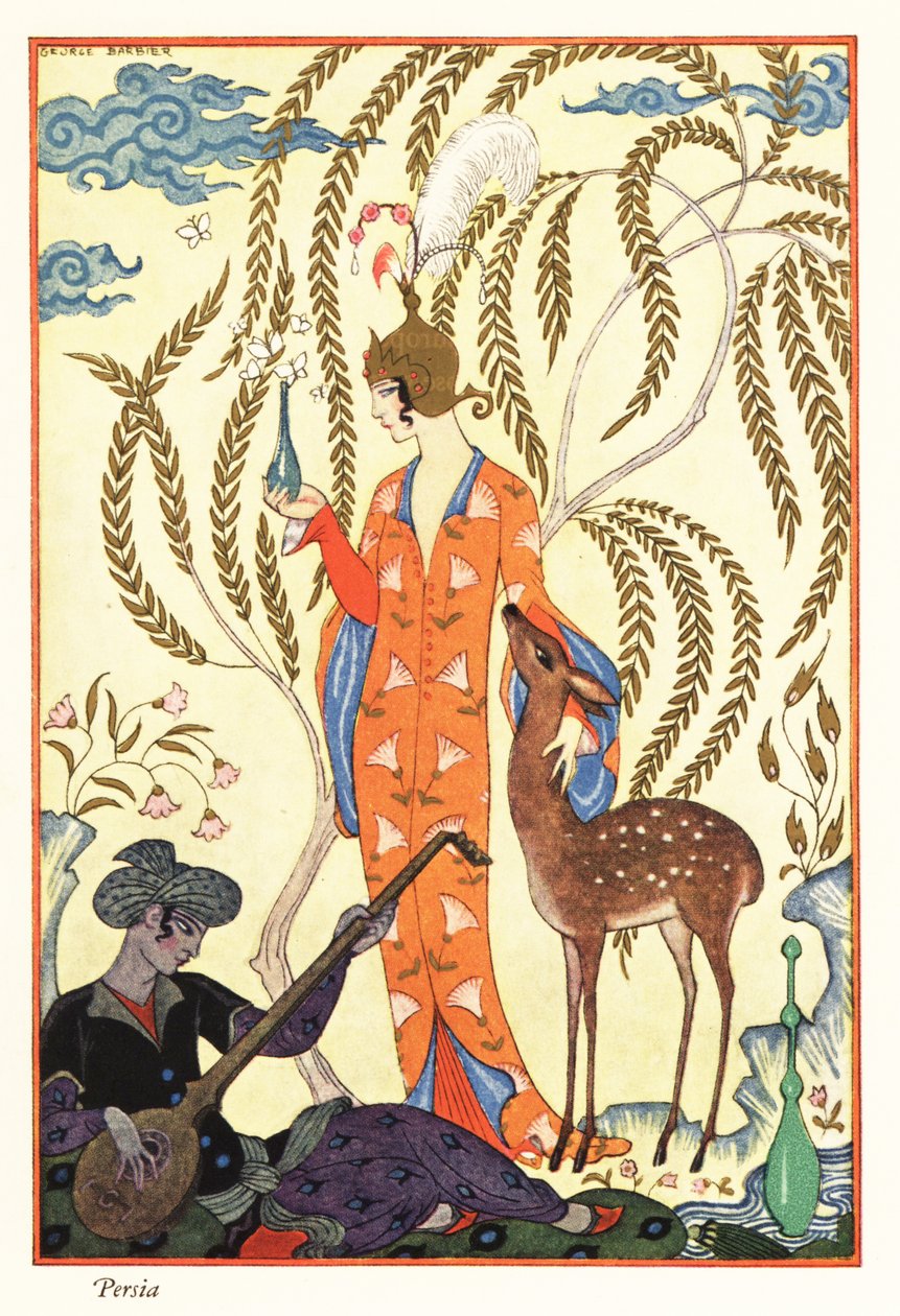 En kvinna håller i en parfymflaska, forntida Persien av Georges Barbier
