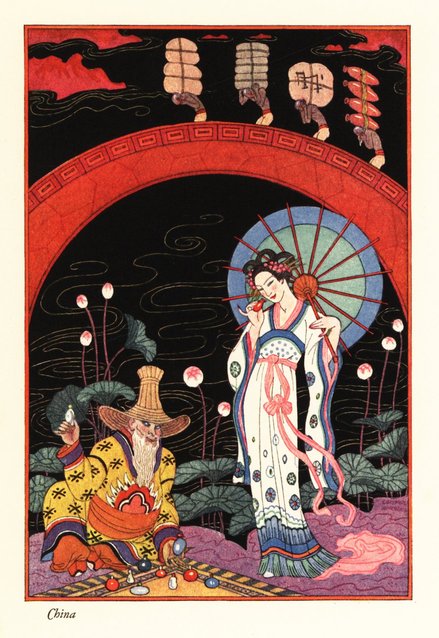 En ung kvinna med lackparasoll som luktar en parfymflaska av Georges Barbier