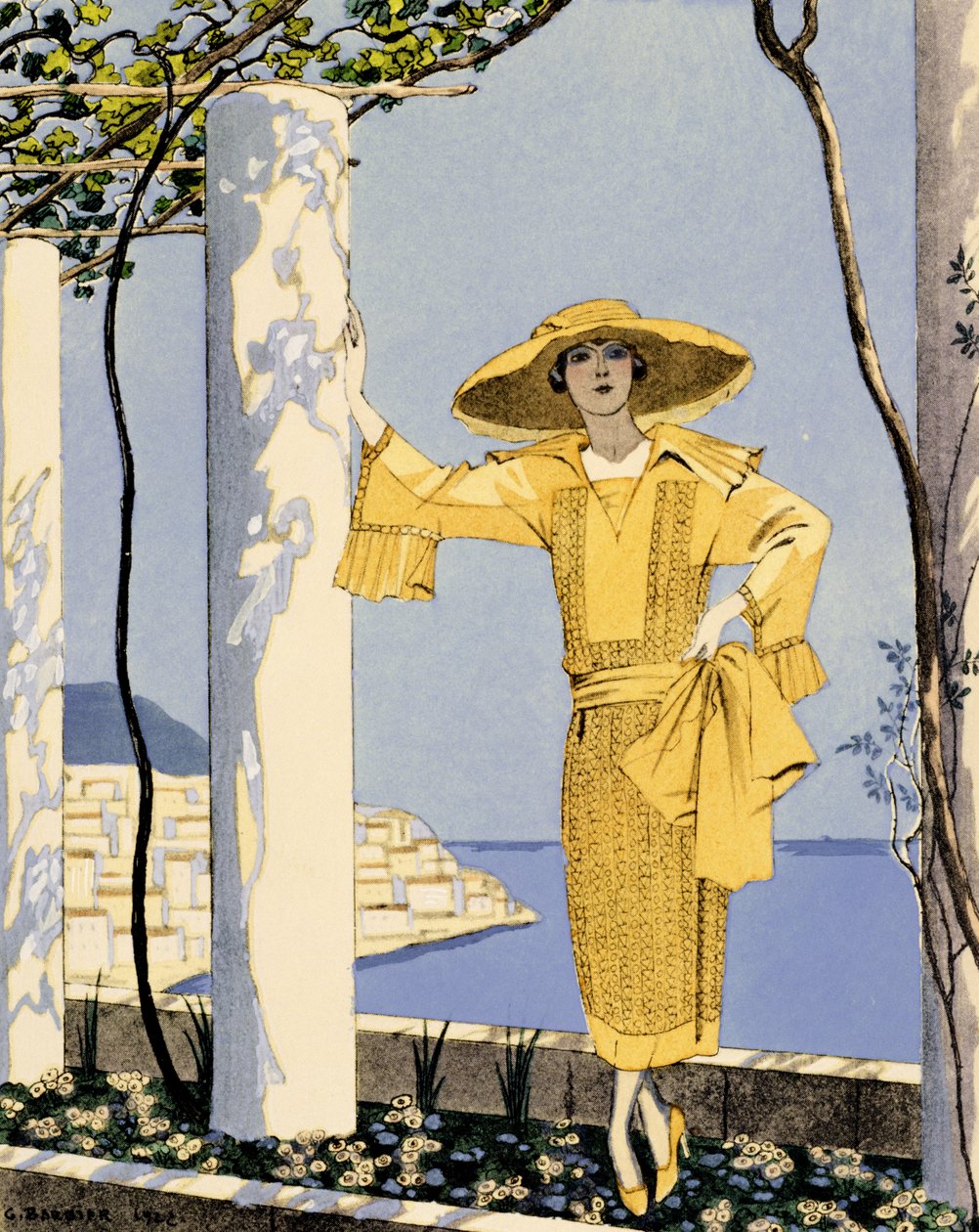 Amalfi, illustration av en kvinna i en gul klänning av Worth av Georges Barbier