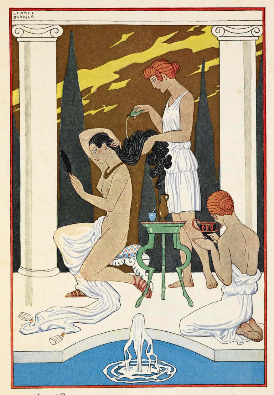 Antika Rom. En person som får håret tvättat av tjänare. av Georges Barbier