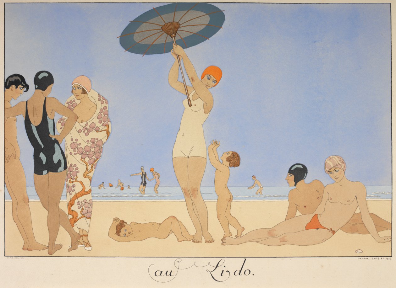 Au lido. Människor på en strand. av Georges Barbier