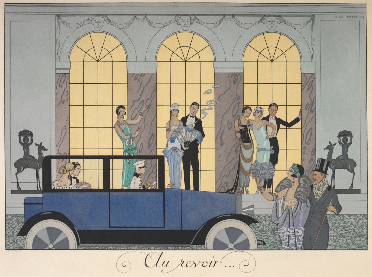 Hej då. Människor som lämnar i en bil. Människor i aftonklänning. av Georges Barbier