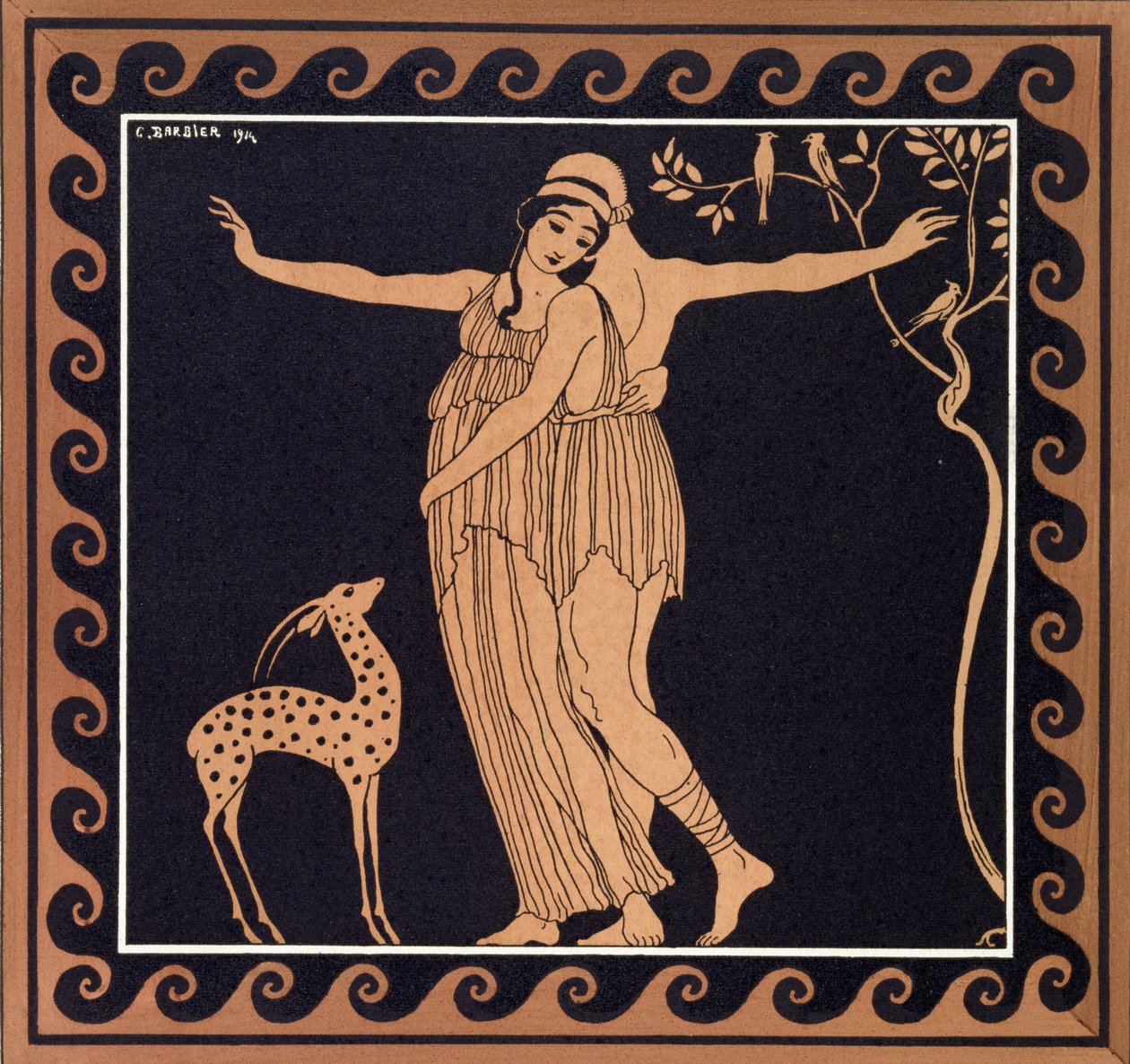Balettscen med Tamara Karsavina (1885-1978) 1914 (pochoirtryck) av Georges Barbier