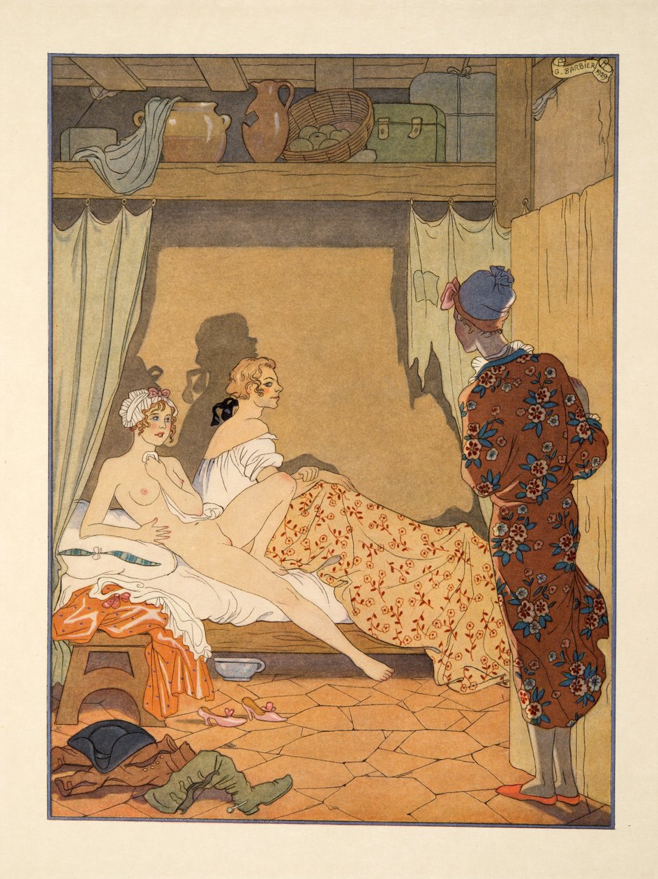 Sovrumsscen, illustration från "Les Liaisons Dangereuses" av Pierre Choderlos de Laclos (1741-1803) pub. 1934 (stenciltryck) av Georges Barbier