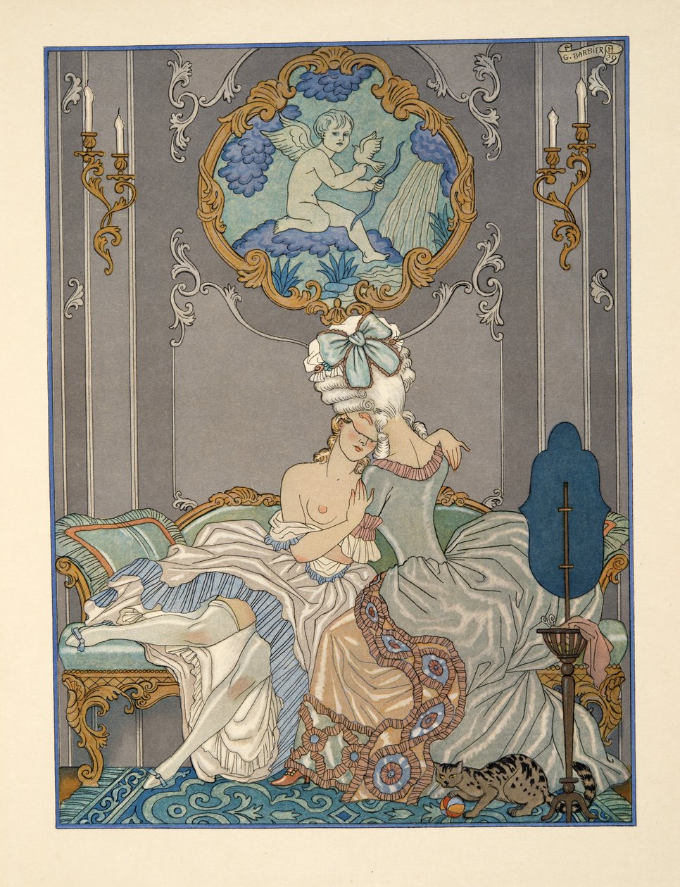 Sovrumsscen från "Les Liaisons Dangereuses" av Pierre Choderlos de Laclos (1741-1803) pub. 1934 (stenciltryck) av Georges Barbier