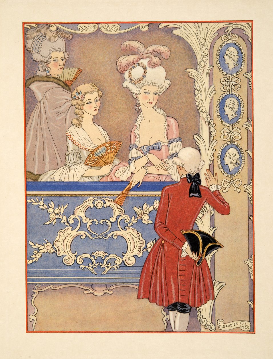 Cécile de Volanges och; Marquise Isabelle de Merteuil på teatern, illustration från "Les Liaisons Dangereuses" av Pierre Choderlos de Laclos (1741-1803) pub. 1934 (stenciltryck) av Georges Barbier