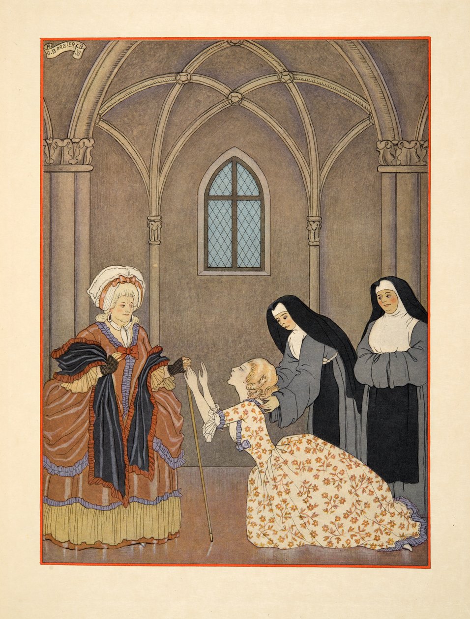 Cecile har återvänt till klostret, Illustration från "Les Liaisons Dangereuses" av Pierre Choderlos de Laclos (1741-1803) pub. 1934 (stenciltryck) av Georges Barbier