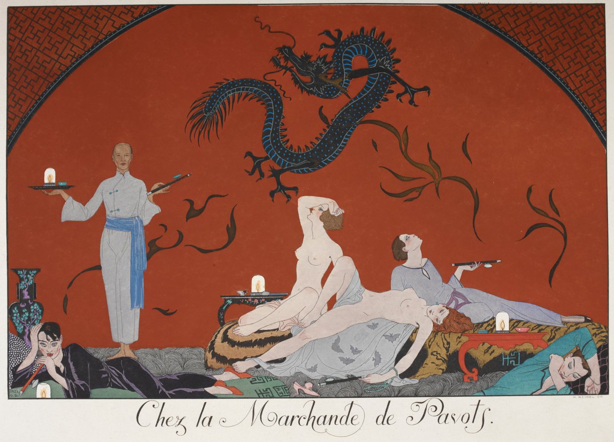 Chez la Marchande de Pasots. Människor, några nakna, ligger runt i ett rum. Kinesisk dekoration. av Georges Barbier