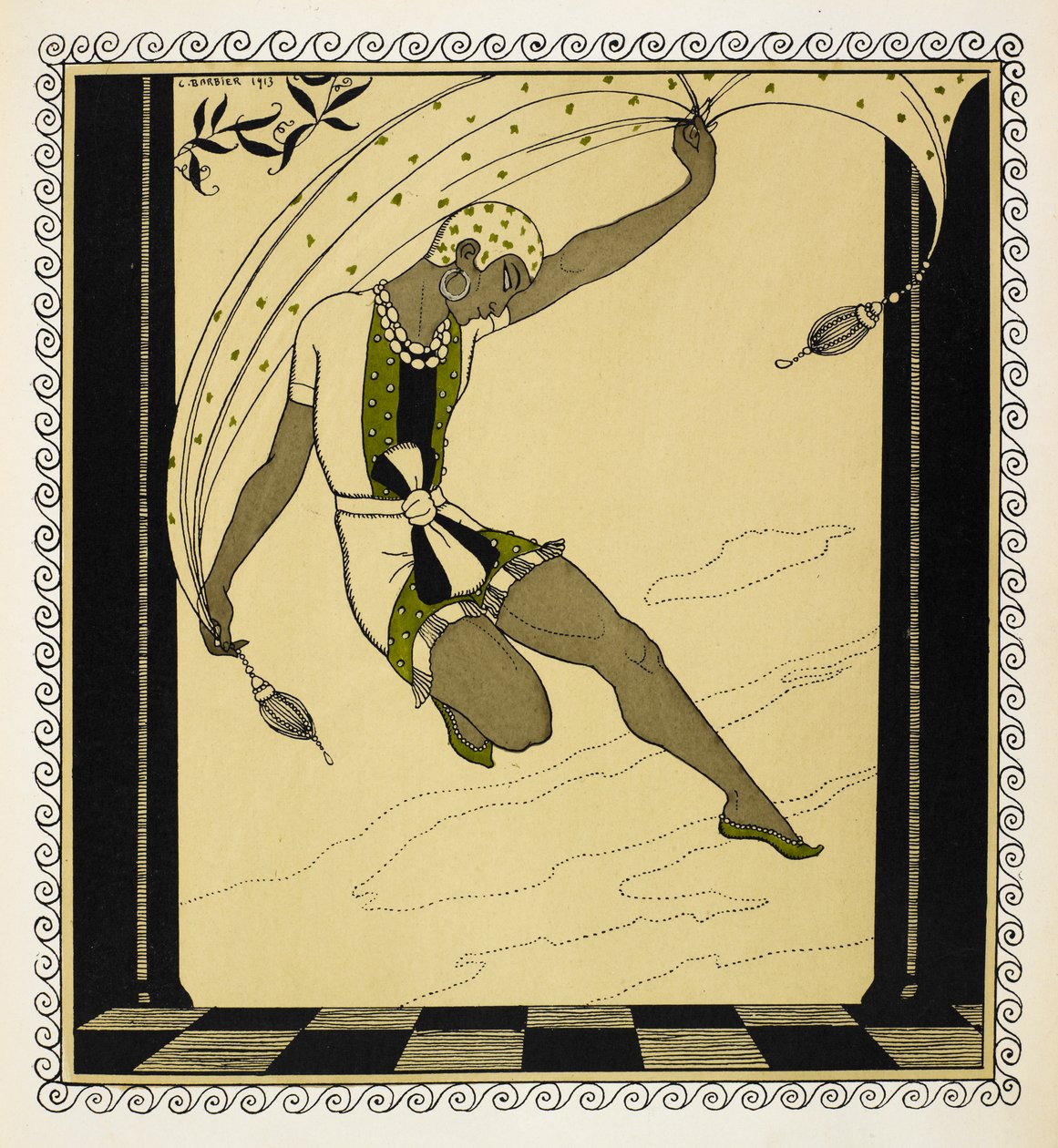 "Kleopatre". En dansare från Anton Arenskys produktion från 1909 som är klädd i en kort vit, grön och svart outfit knuten i midjan, gröna skor och en vit mönstrad hatt. av Georges Barbier