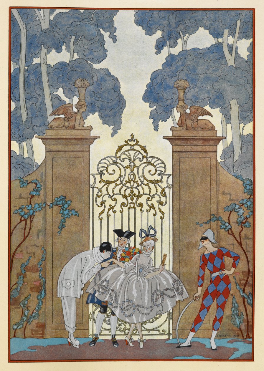 Colombine. Människor som står utanför en grind. En pierrot. av Georges Barbier