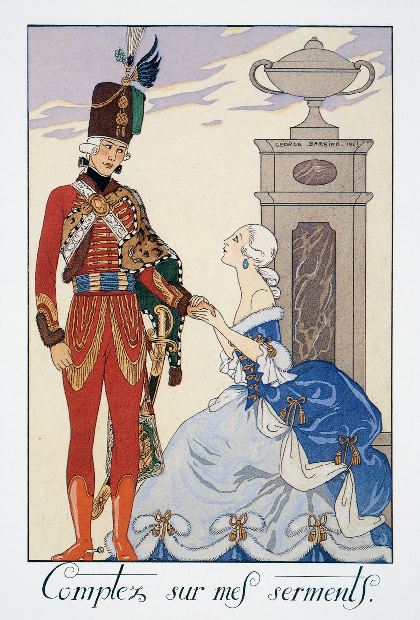Räkna med mina eder (jag ska vara dig trogen), ungersk husar, litografi av George Barbier (1882-1932), från Falbalas et Fanfreluches, Almanach des Modes Presentes, Passees et Futures av Georges Barbier