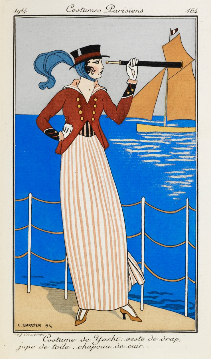 Costume de Yacht: veste de drap, jupe de toile, chapeau de cuir. En kvinna som bär en yachtdräkt: en röd tygjacka, randig linnekjol, en läderhatt och en blå halsduk. Hon använder ett teleskop och pekar på båten i bakgrunden. Kostymer Parisiens. av Georges Barbier