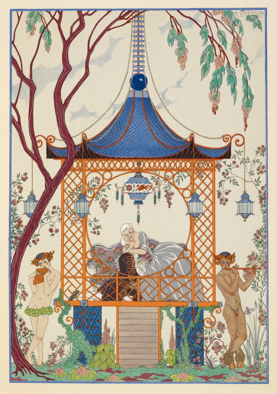Cythère. En man och kvinna i en paviljong, omfamnade. Mytiska varelser utanför som spelar pipor. av Georges Barbier