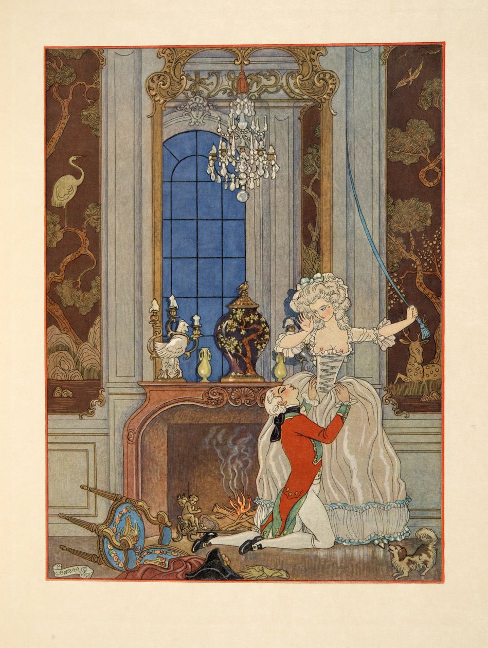 Danceny som förklarar sin kärlek till Cecile, illustration från "Les Liaisons Dangereuses" av Pierre Choderlos de Laclos (1741-1803) pub. 1934 (stenciltryck) av Georges Barbier