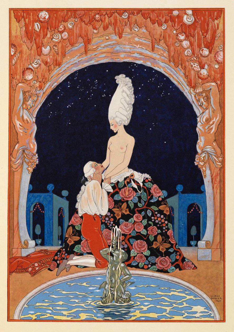 Dans la Grotte. En man som knäböjer framför en halvnaken kvinna, vid en fontän. av Georges Barbier