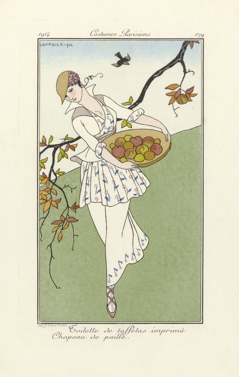 Dagklänning från Costumes Parisiens, pub. 1914 (stenciltryck) av Georges Barbier