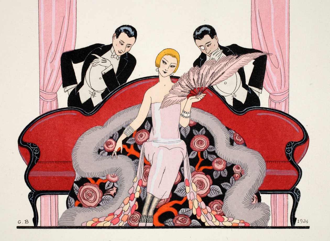 Detalj av framsidan av "Falbalas et Fanfreluches, Almanac of Present, Past and Future Modes" av Georges Barbier