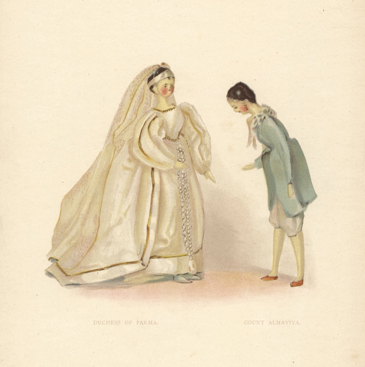 Dockor av hertiginnan av Parma och greve Almaviva, från Barberaren av Sevilla, klädda av unga prinsessan Victoria. Färgplatta efter en illustration av Alan Wright från Frances H. Lows Queen Victoria