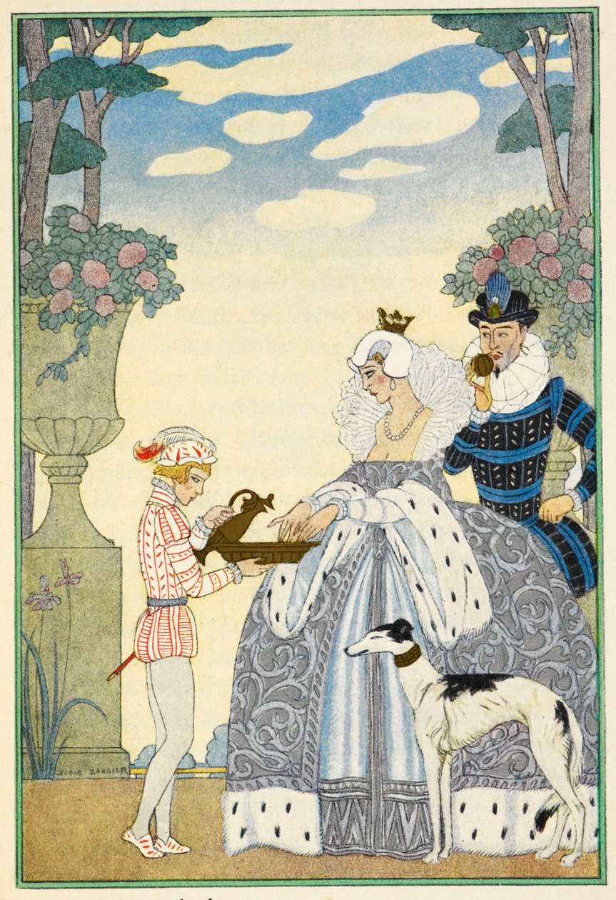 Elizabethanska England. En dam och herre, och tjänare. En vinthund. av Georges Barbier