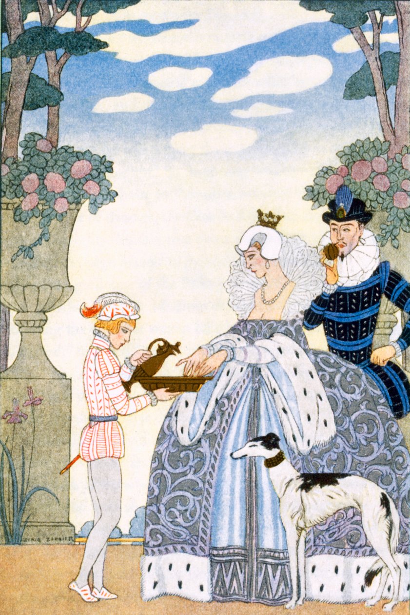 Elizabethan England, från "The Art of Perfume", pub. 1912 (pochoirtryck) av Georges Barbier