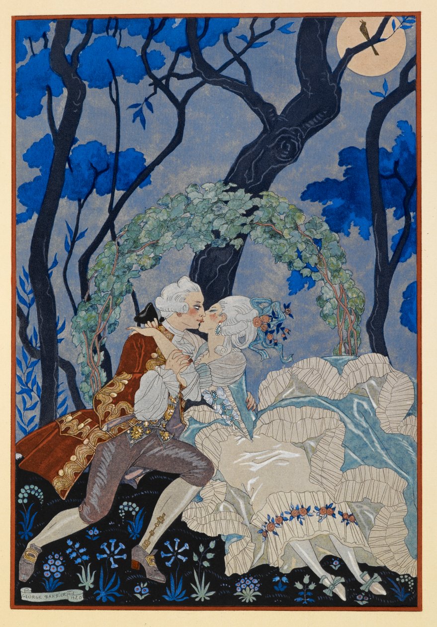 En Sourdine. En man och kvinna som kysser under månskenet. av Georges Barbier
