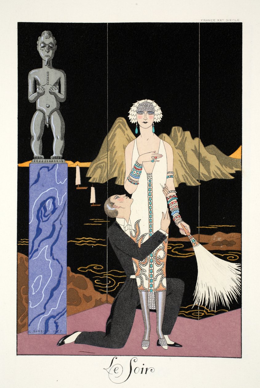 Kväll, från "Falbalas and Fanfreluches, Almanac of Present, Past and Future Modes" av Georges Barbier