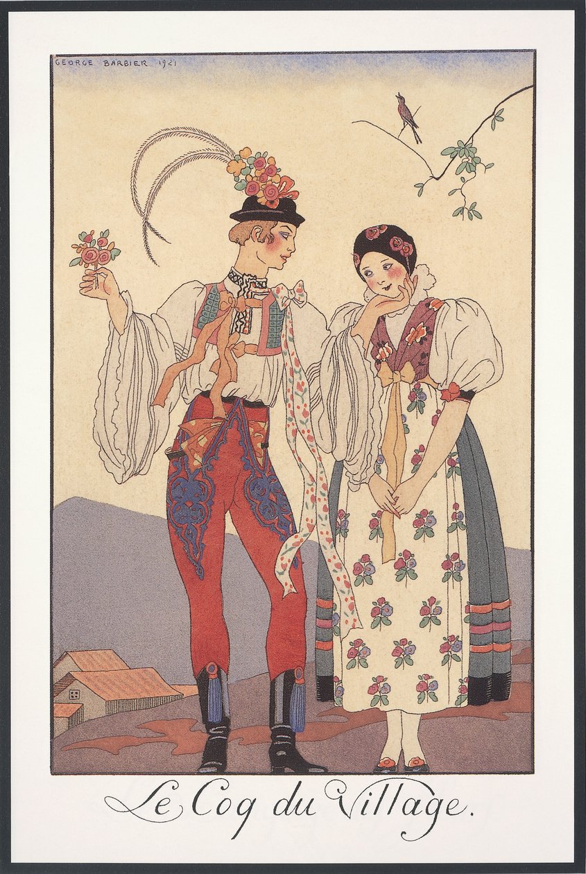 Falbalas and Fanfreluches, Almanacka för 1922, Le coq du village, av George Barbier, tryck av Georges Barbier