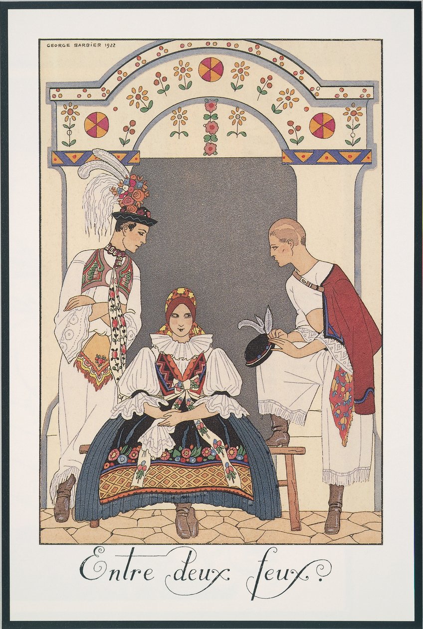 Falbalas and Fanfreluches, Almanacka för 1923, Between Two Fires, av George Barbier, tryck av Georges Barbier