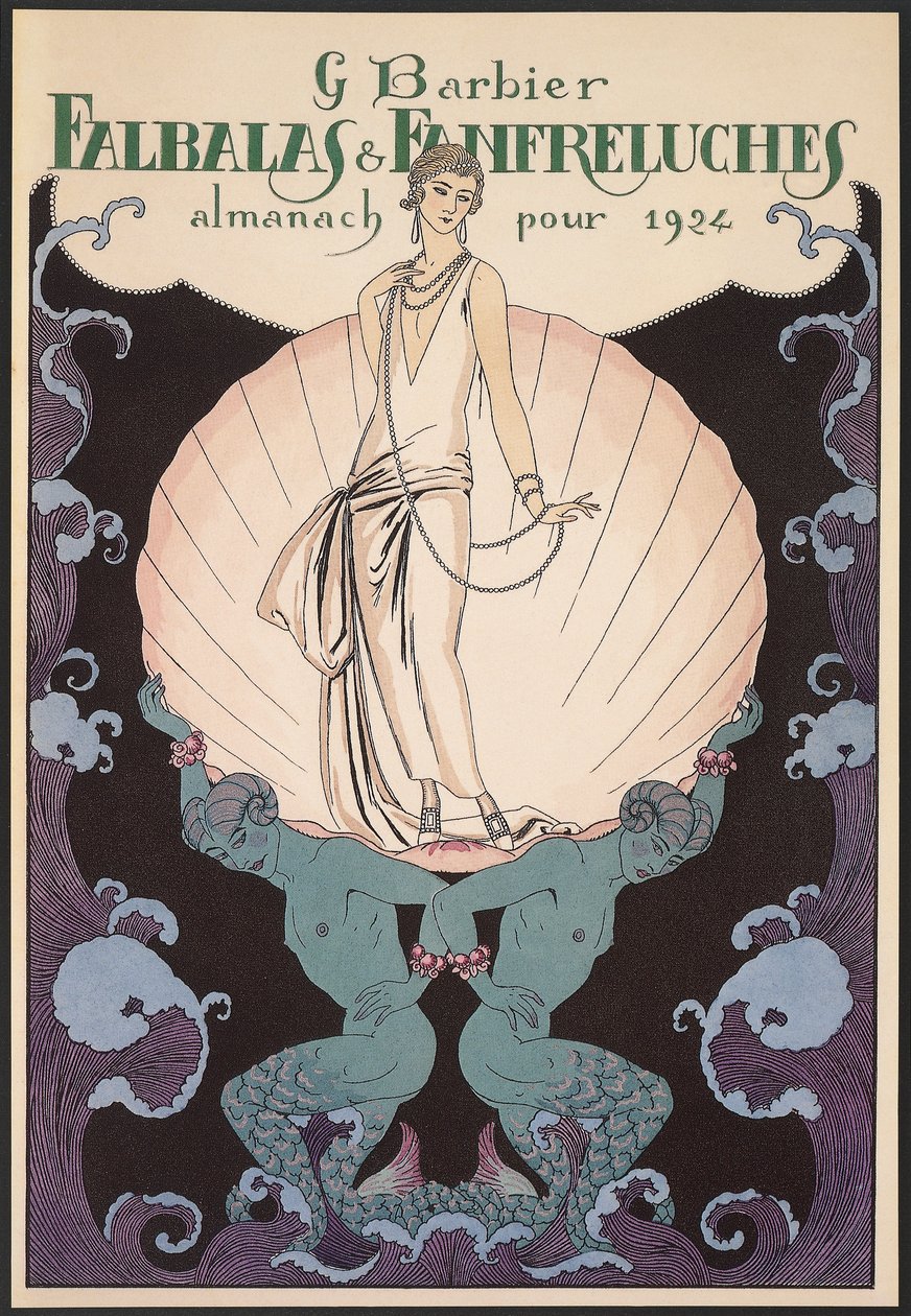 Falbalas et Fanfreluches, Almanacka för 1924, främre omslaget, av George Barbier, tryck av Georges Barbier