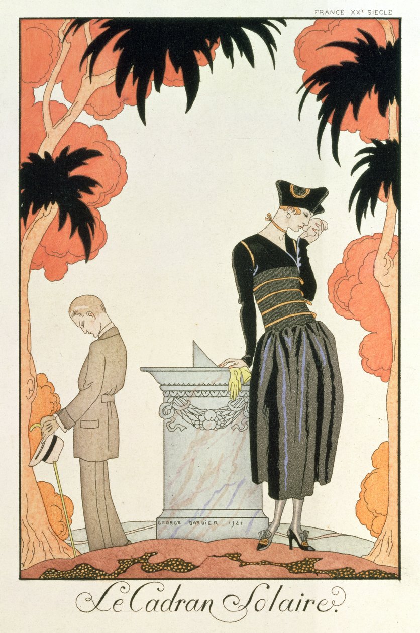 "Falbalas and fanfreluches, Almanach des Modes", mode för 1921 (stenciltryck) av Georges Barbier