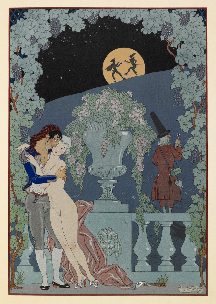 Fantoches. (Marionetter) från Debussys Fêtes Galantes, Scaramouche och Pulcinelle. Man som omfamnar en naken kvinna. Två figurer i siluett mot månen. av Georges Barbier