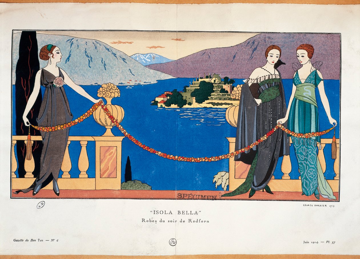 Modetallrik av Georges Barbier föreställande damer i Redfern aftonklänning och Borromean Isola Bella i bakgrunden Parisisk haute couture-tidning Gazette du Bon Ton av Georges Barbier