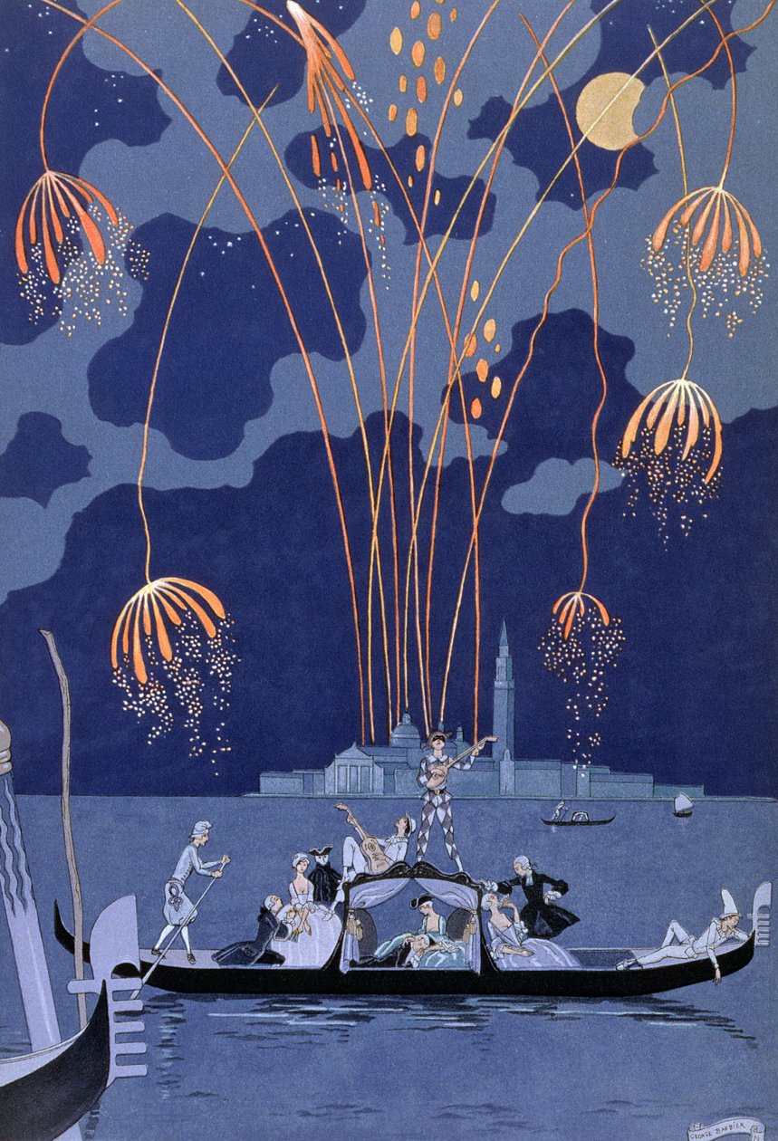 Fyrverkerier i Venedig, illustration till "Fetes Galantes" av Paul Verlaine (1844-96) 1924 (pochoirtryck) av Georges Barbier