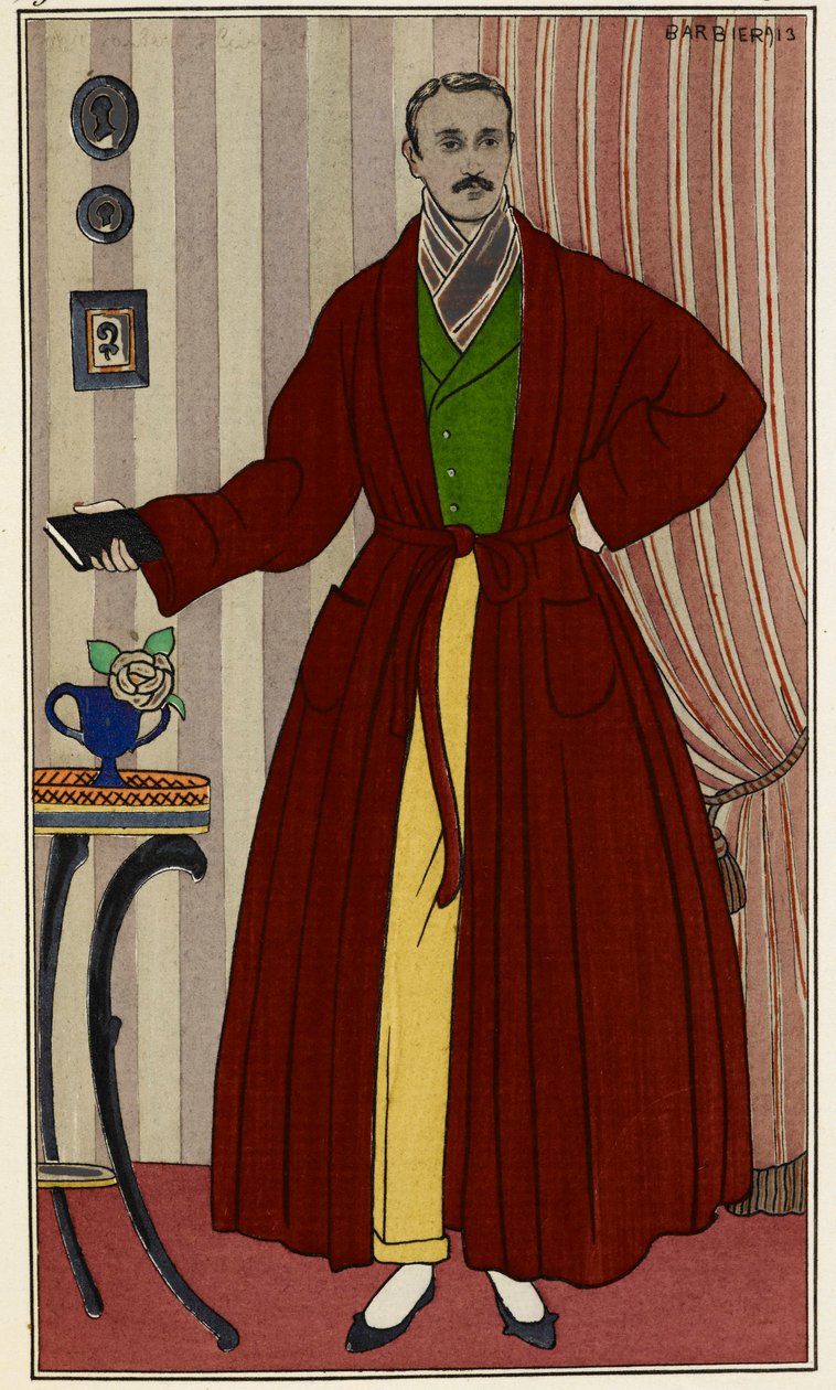 Man i morgonrock. Illustration av George Barbier (1882-1932), hämtad från Journal des dames et des modes. Paris 1912-1914. The British Library Institution, referens hyllmärke ID: P.P.5242.dc, pl.96, mittemot sidan 16. Man som bär ett omklädningsrum av Georges Barbier
