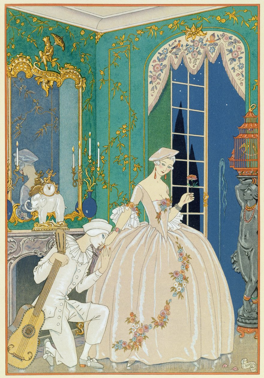 Illustration för "Fetes Galantes" av Paul Verlaine (1844-96) 1923 (stenciltryck) av Georges Barbier