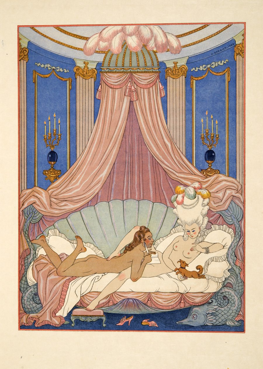Illustration från "Les Liaisons Dangereuses" av Pierre Choderlos de Laclos (1741-1803) pub. 1934 (stenciltryck) av Georges Barbier