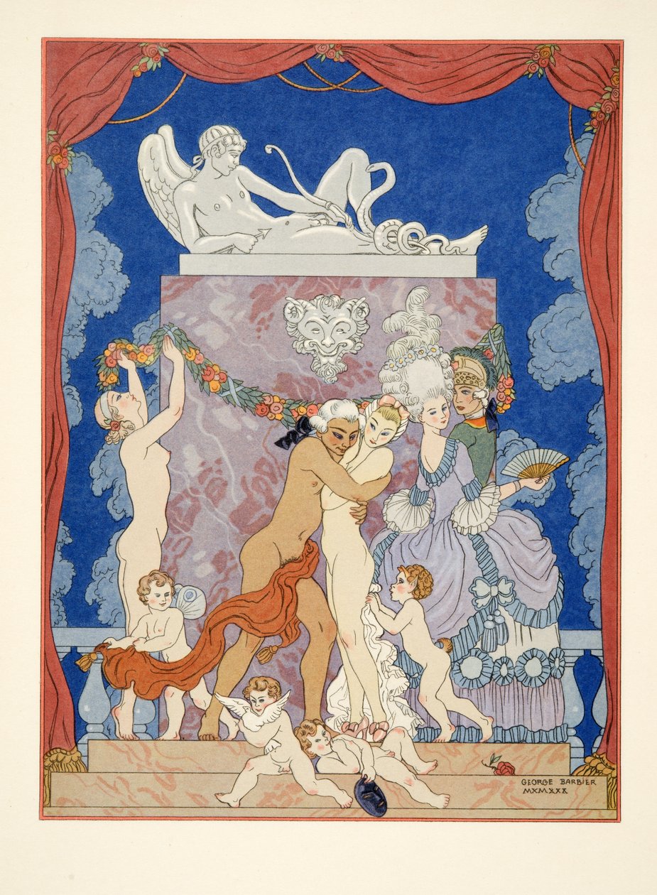 Illustration från "Les Liaisons Dangereuses" av Pierre Choderlos de Laclos (1741-1803) pub. 1934 (stenciltryck) av Georges Barbier