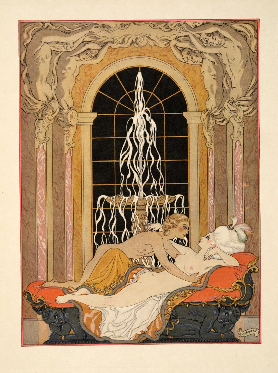 Illustration från "Les Liaisons Dangereuses" av Pierre Choderlos de Laclos (1741-1803) pub. 1934 (stenciltryck) av Georges Barbier