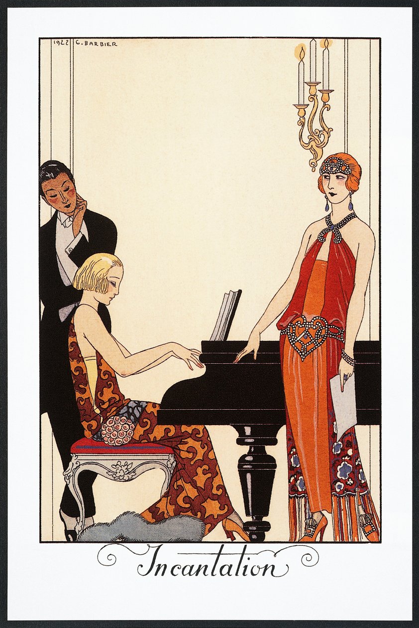 Besvärjelse, pianist och kvinna klädd i aftonklänningar, illustration från Falbalas et Fanfreluches, Almanacka från 1923 av Georges Barbier