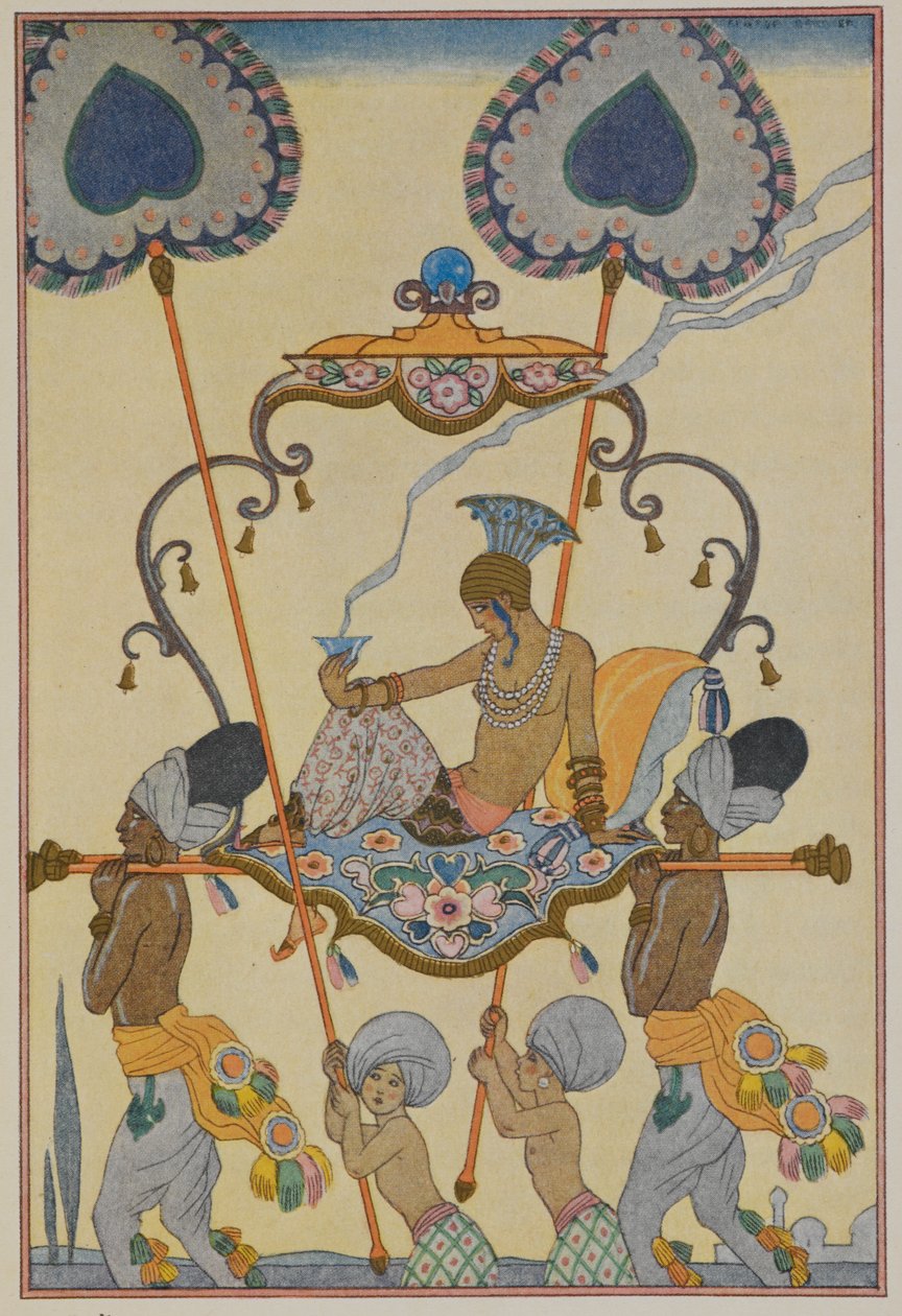 Indien. En person som bärs i en kull. av Georges Barbier