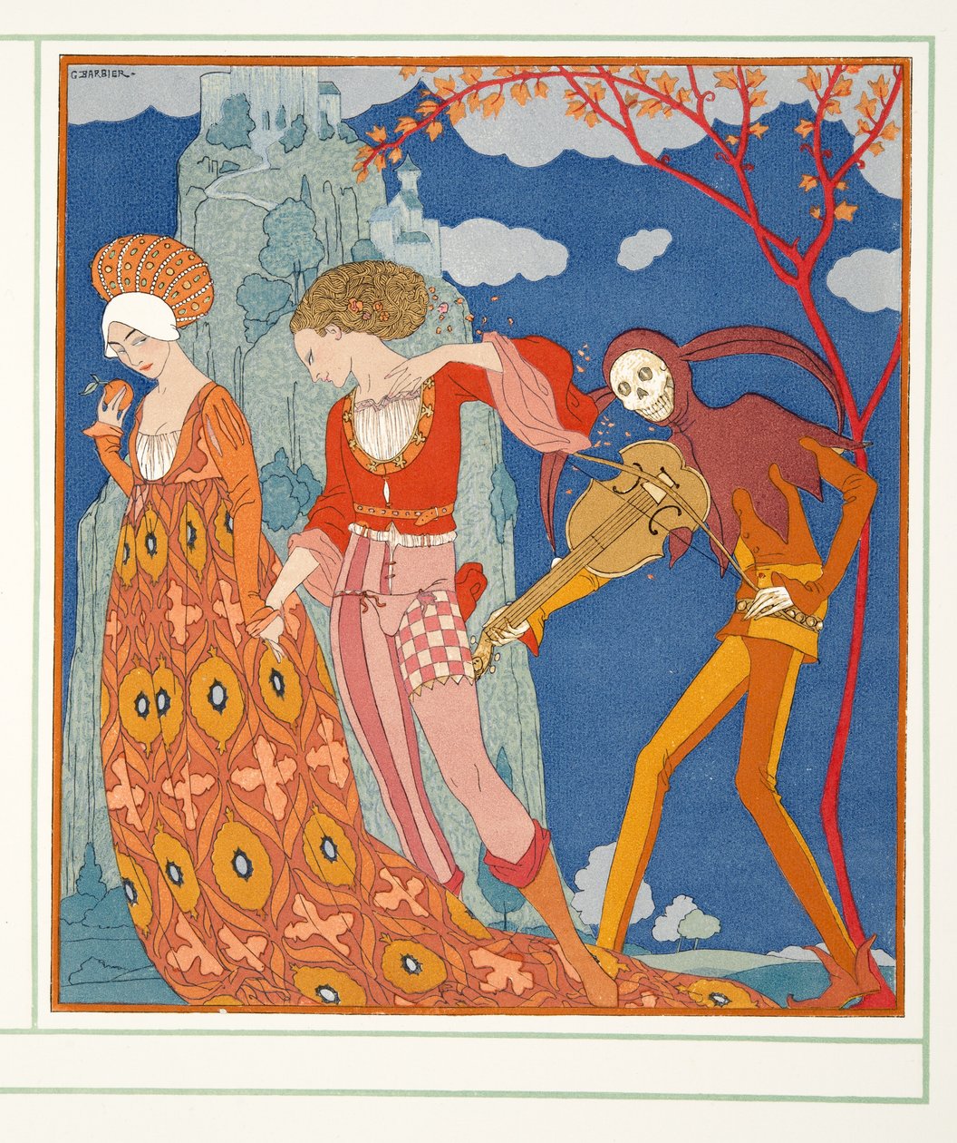 Kärlek, begär och död, från Personages de Comedie, pub. 1922 (stenciltryck) av Georges Barbier