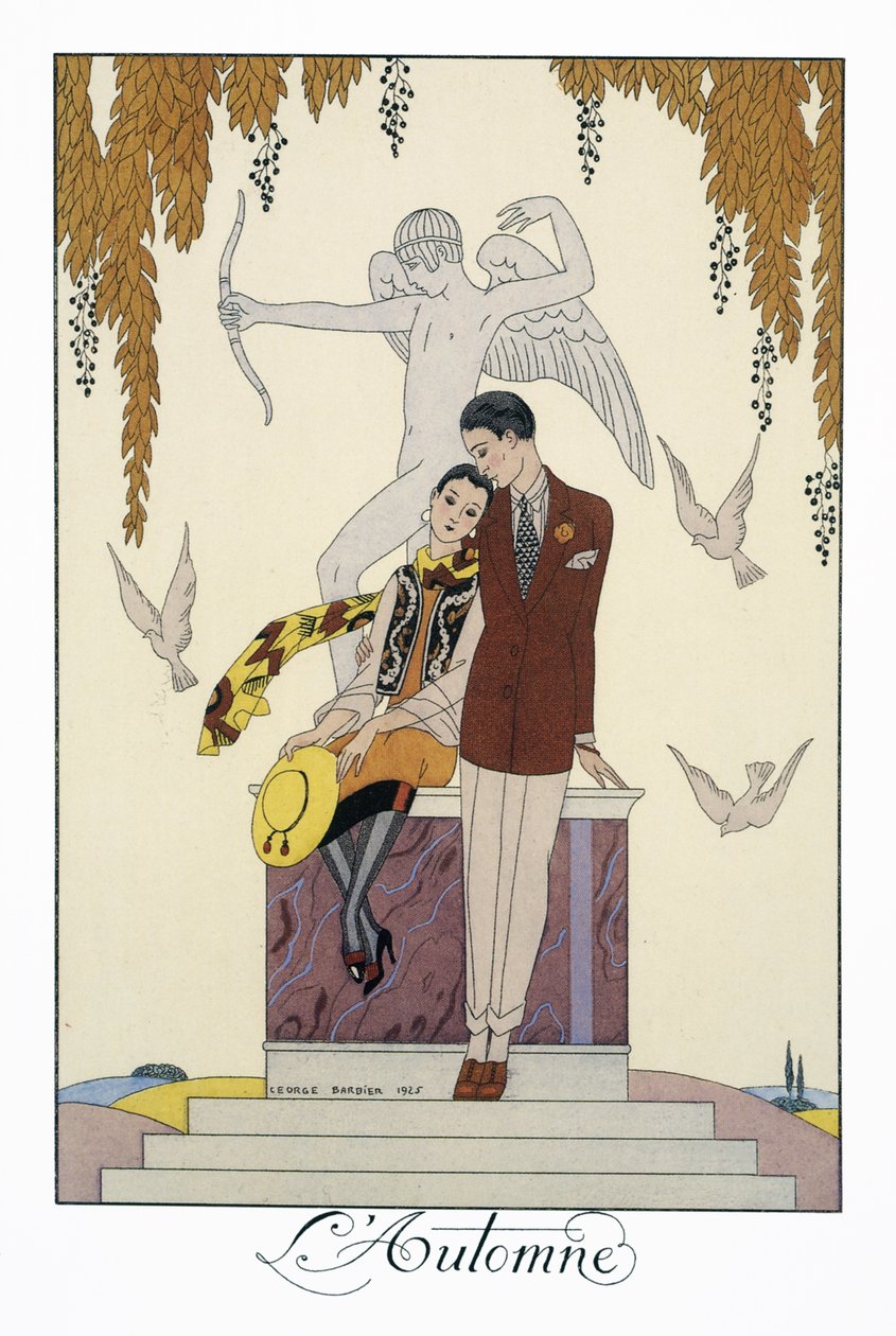 Hösten, litografi av George Barbier (1882-1932), från Falbalas et Fanfreluches, Almanach des Modes Presentes, Passees et Futures av Georges Barbier