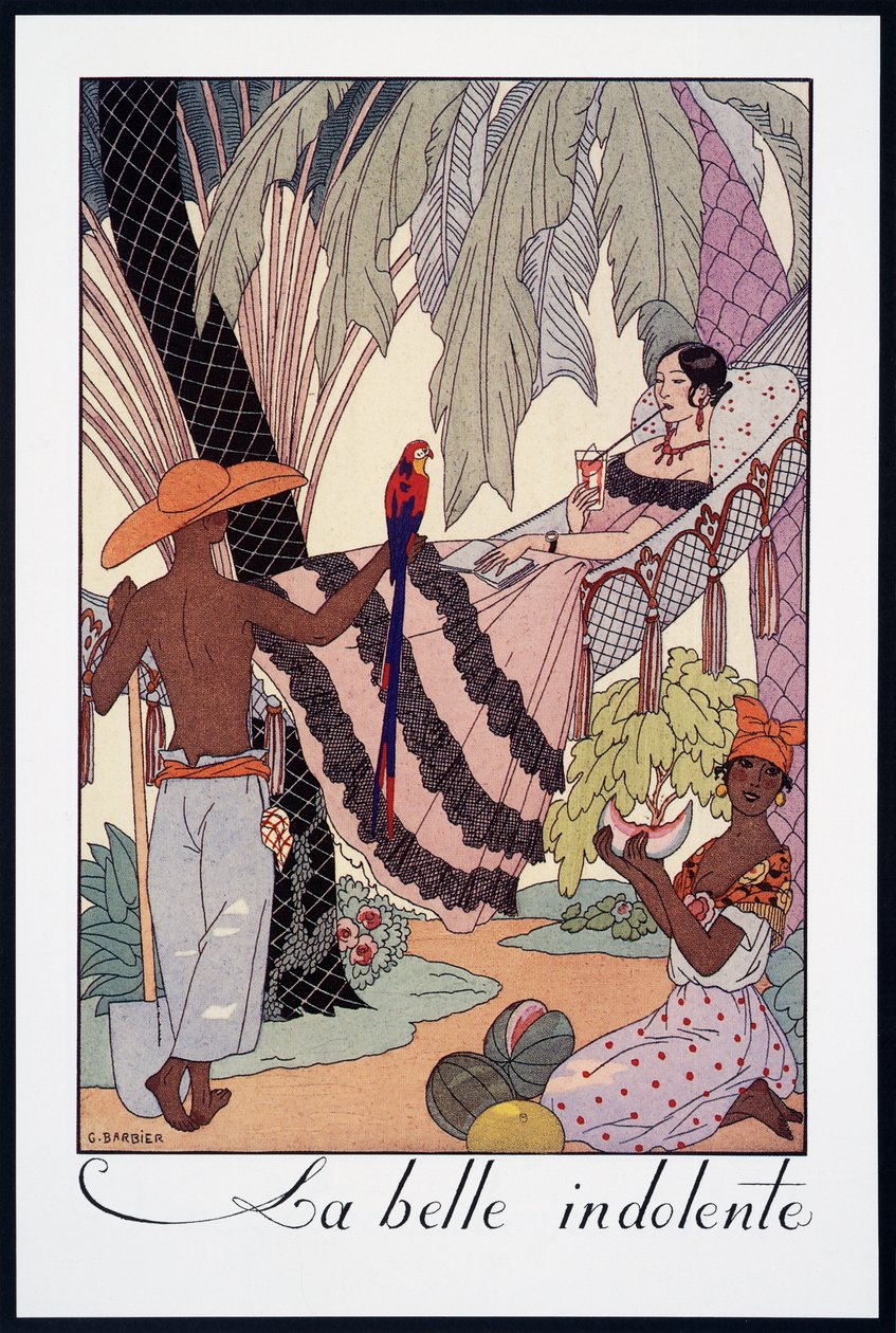 La Belle Indolente, litografi av George Barbier (1882-1932), från Falbalas et Fanfreluches, Almanach des Modes Presentes, Passees et Futures, Frankrike, 1900-talet av Georges Barbier