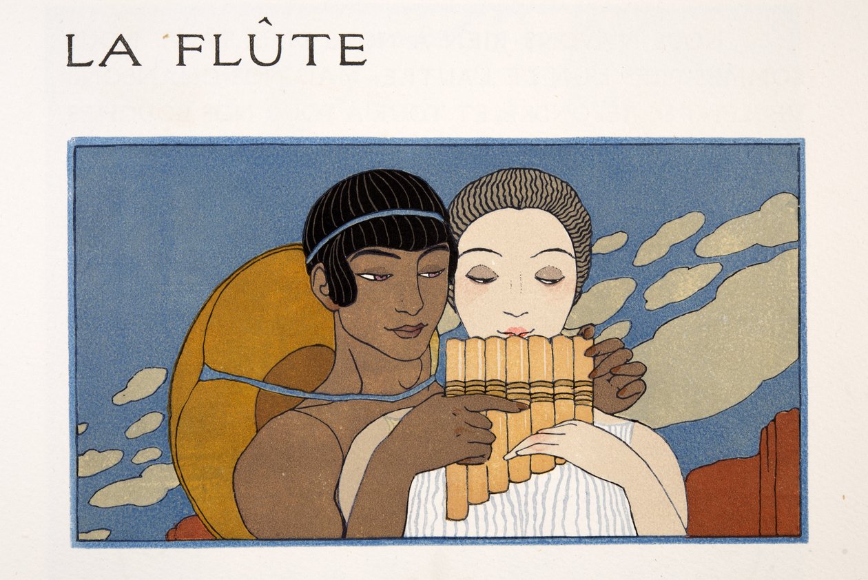 Flöjten, illustration från Les Chansons de Bilitis, av Pierre Louys, pub. 1922 (stenciltryck) av Georges Barbier