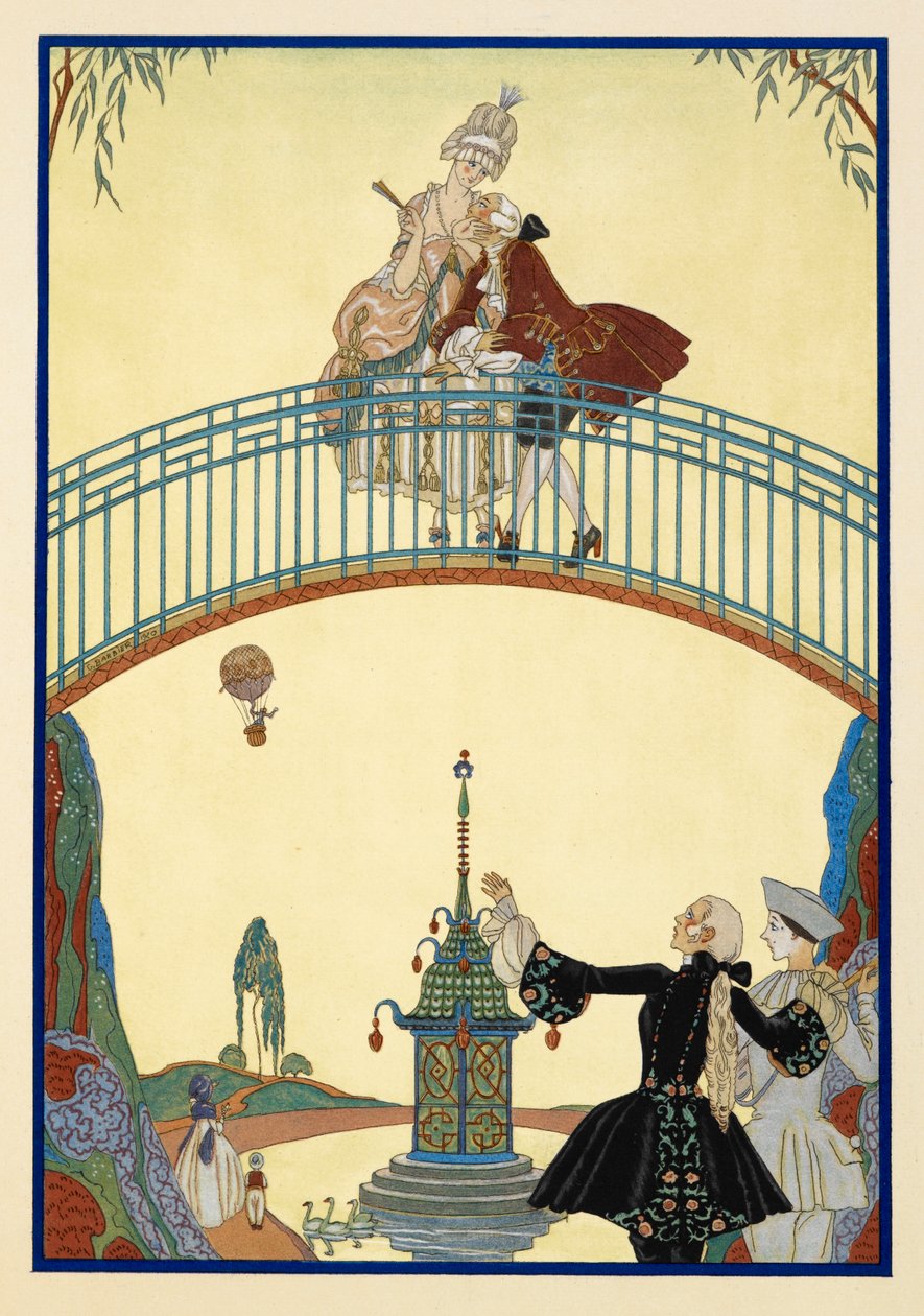 Ã€ La Promenade. En man och kvinna på en bro. Pierrot, nedan. av Georges Barbier