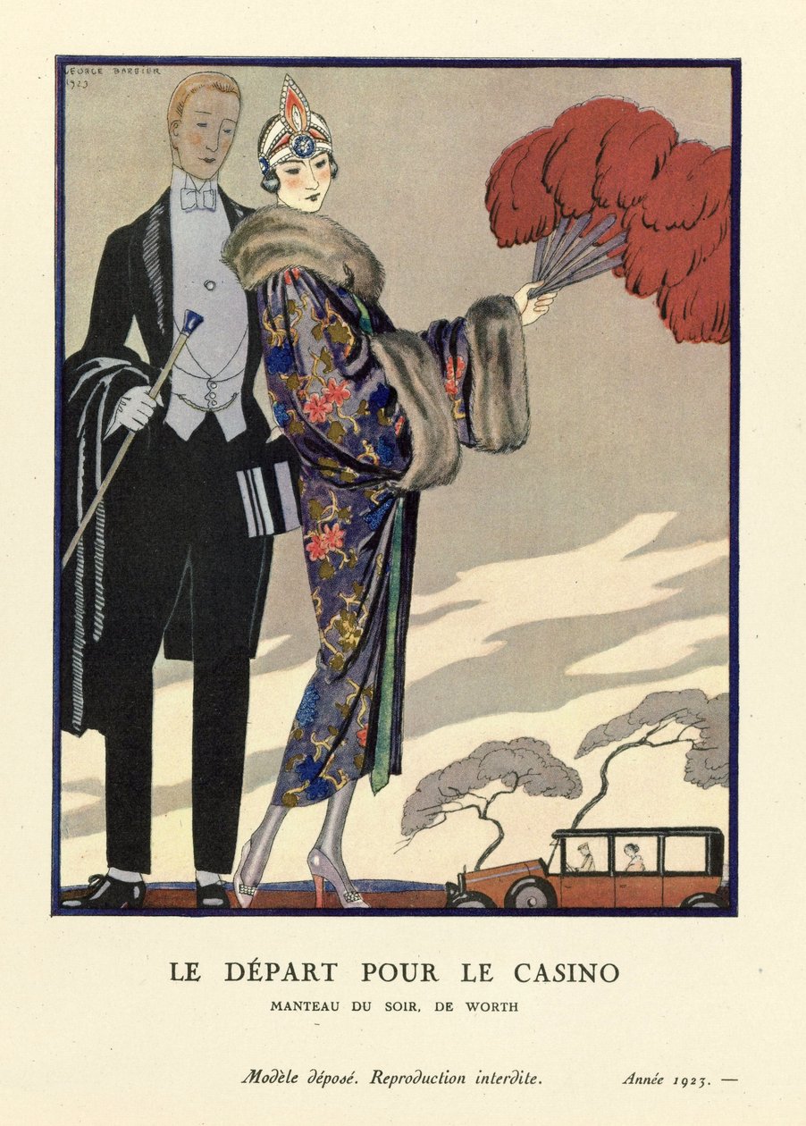 The Departure for the Casino, pub. 1923 (stenciltryck) av Georges Barbier