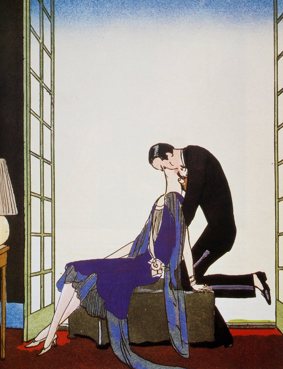 Fire, litografi av George Barbier (1882-1932), från Falbalas et Fanfreluches, Almanach des Modes Presentes, Passees et Futures av Georges Barbier