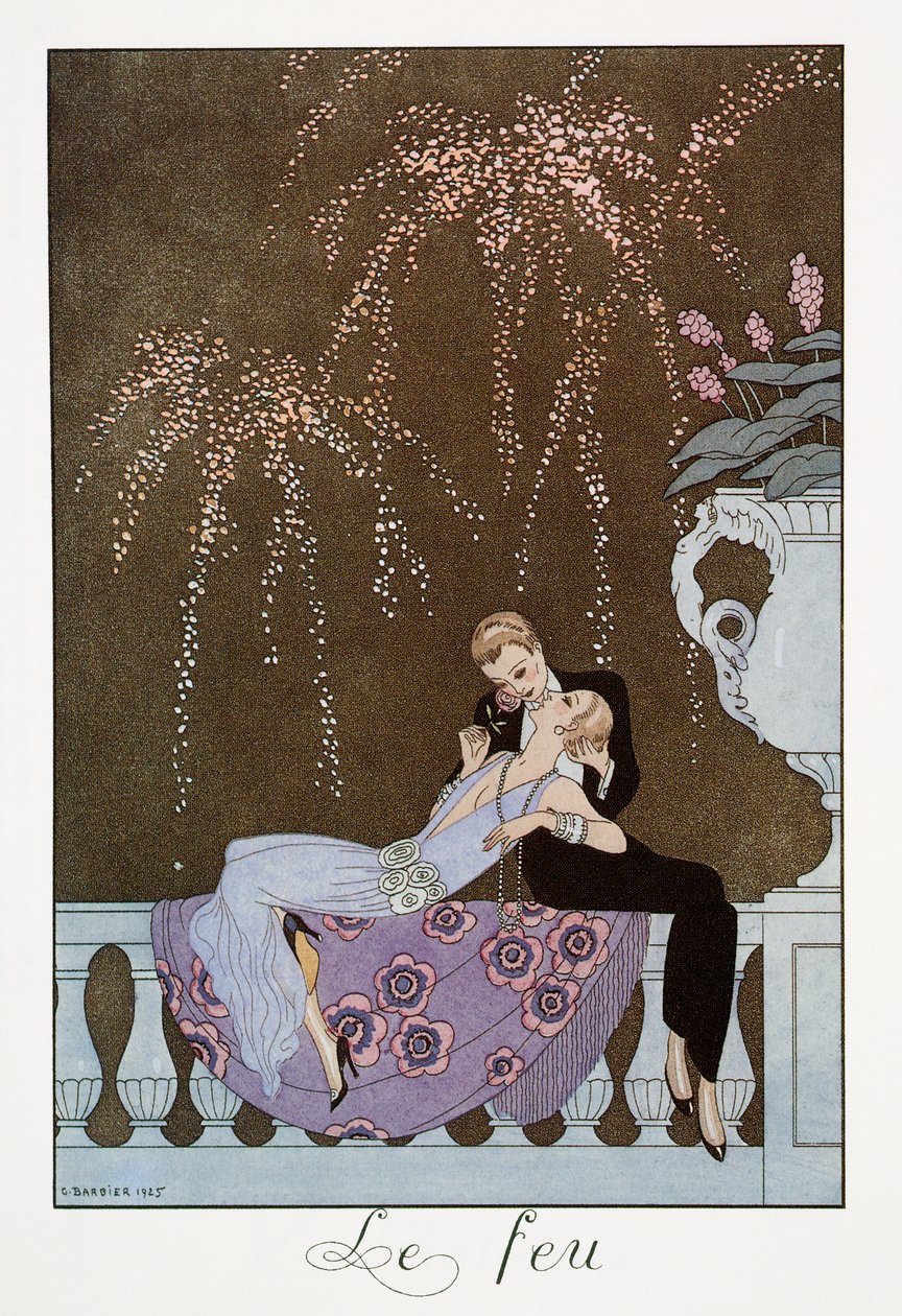 Fire, litografi av George Barbier (1882-1932), från Falbalas et Fanfreluches, Almanach des Modes Presentes, Passees et Futures av Georges Barbier