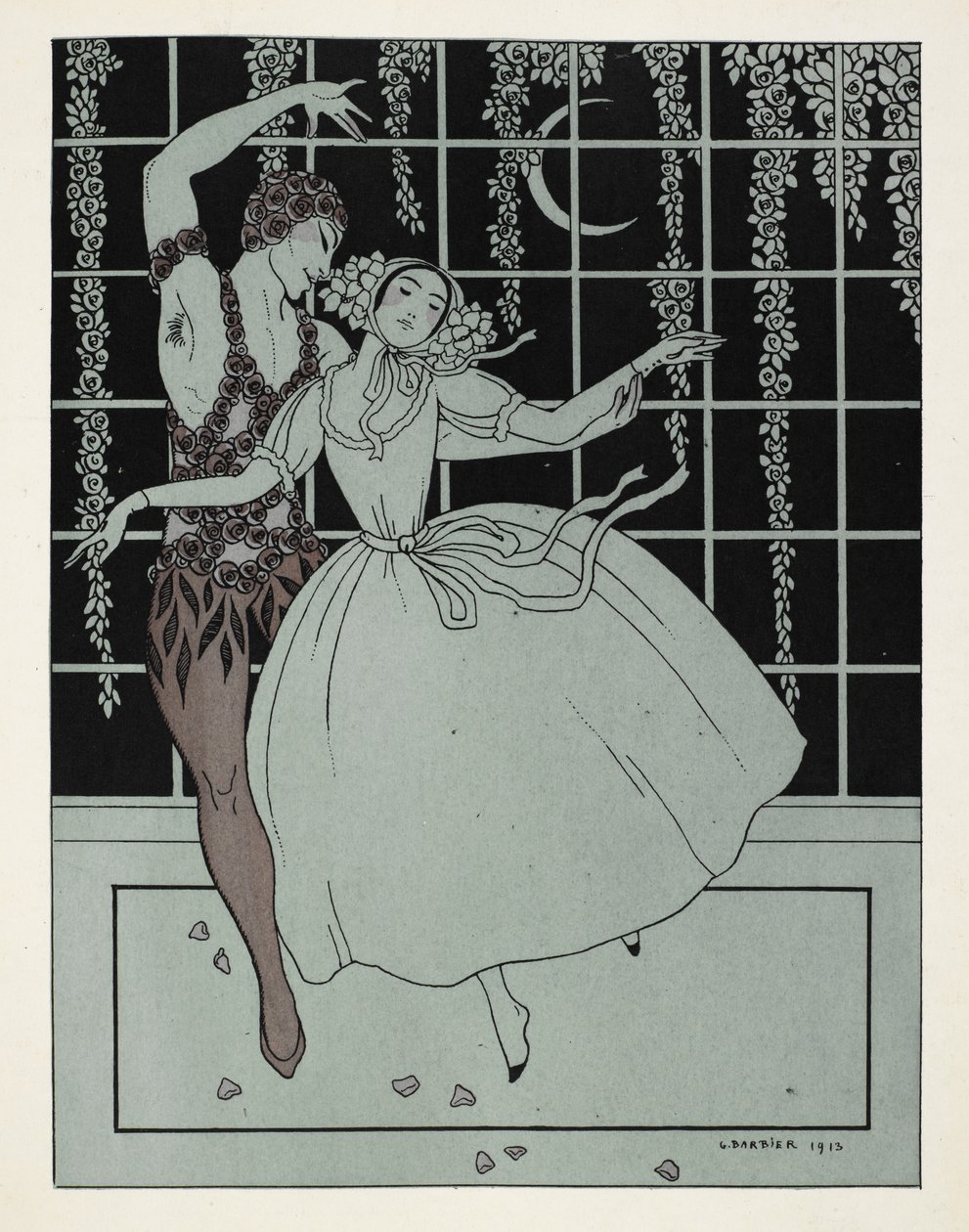 "Le Spectre de la Rose". Bilden har fått sitt namn från balett av Ballets Russes baserad på en dikt av Théophile Gautier. Dansarna vid den ursprungliga föreställningen var Vaslav Nijinsky som rosen och Tamara Karsavina som flickan, och kan ses dansa av Georges Barbier